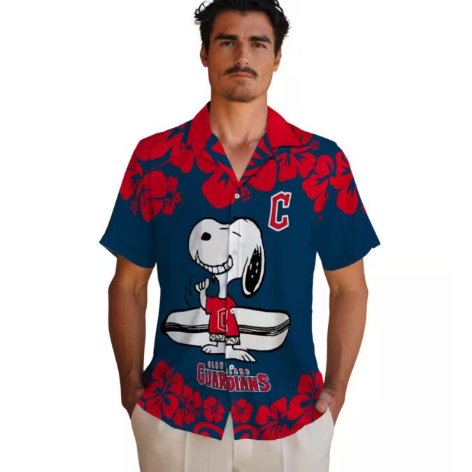 Cleveland Guardians Snoopy Surf Navy Blue White MLB Hawaiian Shirt - Perfect Vacation & Tailgate Shirt