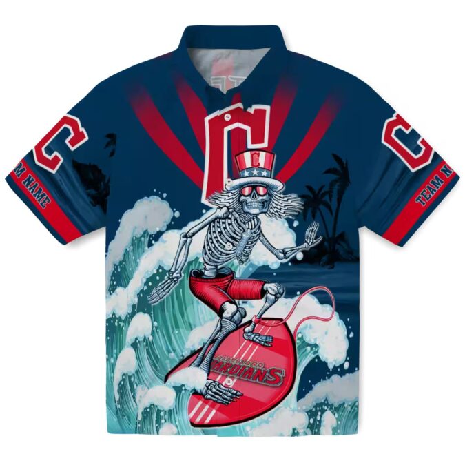 Cleveland Guardians Surfing Skeleton Hawaiian Shirt - Official MLB Navy Blue Summer Shirt