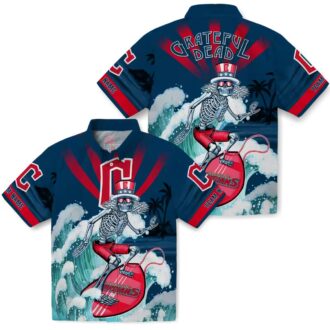 Cleveland Guardians Surfing Skeleton Hawaiian Shirt - Official MLB Navy Blue Summer Shirt