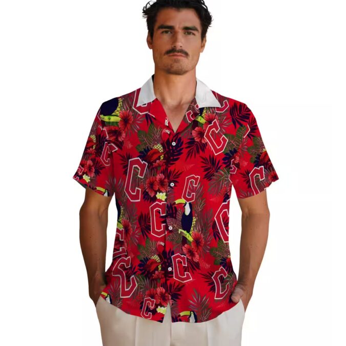 Cleveland Guardians Tropical Hawaiian Shirt - Floral Toucan Design Navy Blue & Red MLB Fan Gear