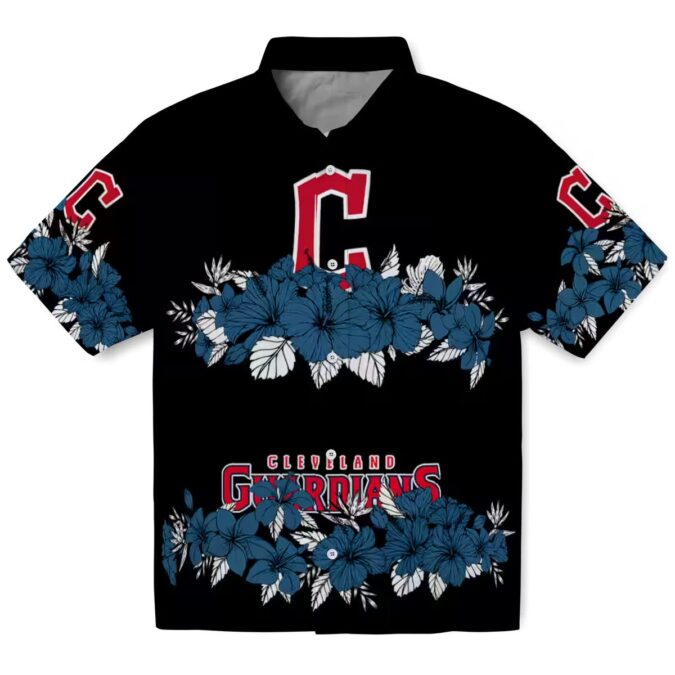 Cleveland Guardians Tropical Hibiscus Stripe Hawaiian Shirt - Navy Blue Black MLB Baseball Fan Shirt