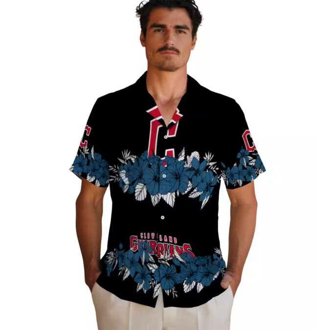 Cleveland Guardians Tropical Hibiscus Stripe Hawaiian Shirt - Navy Blue Black MLB Baseball Fan Shirt