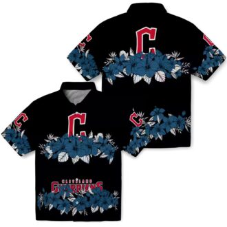 Cleveland Guardians Tropical Hibiscus Stripe Hawaiian Shirt - Navy Blue Black MLB Baseball Fan Shirt