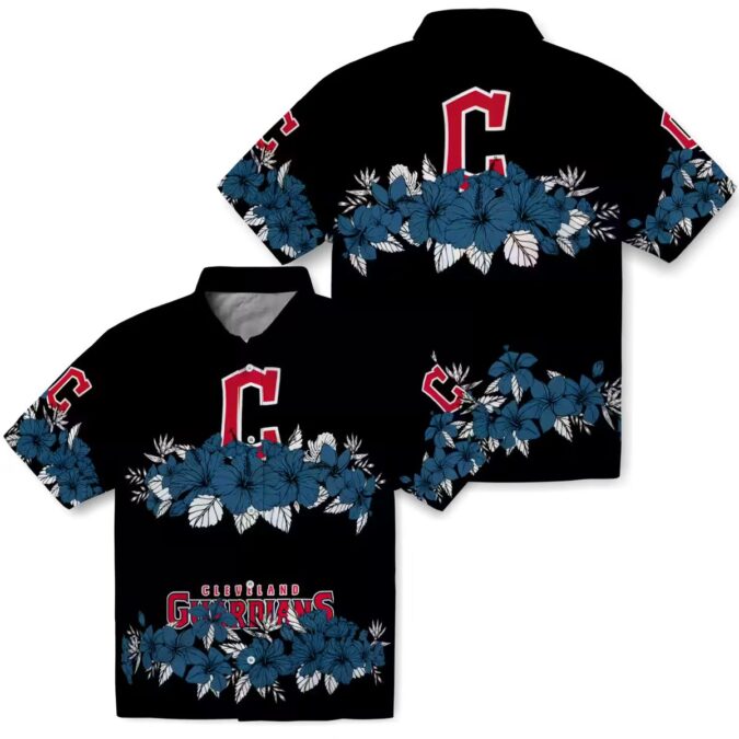 Cleveland Guardians Tropical Hibiscus Stripe Hawaiian Shirt - Navy Blue Black MLB Baseball Fan Shirt