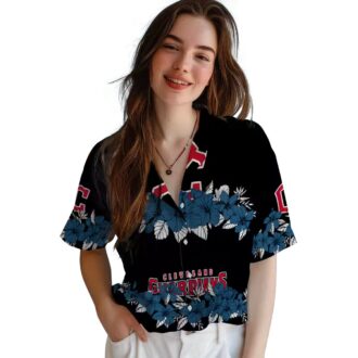 Cleveland Guardians Tropical Hibiscus Stripe Hawaiian Shirt - Navy Blue Black MLB Baseball Fan Shirt