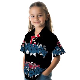 Cleveland Guardians Tropical Hibiscus Stripe Hawaiian Shirt - Navy Blue Black MLB Baseball Fan Shirt