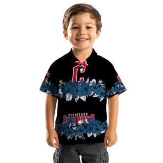 Cleveland Guardians Tropical Hibiscus Stripe Hawaiian Shirt - Navy Blue Black MLB Baseball Fan Shirt
