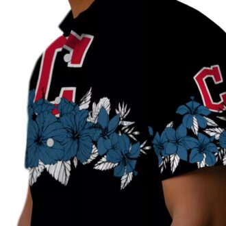 Cleveland Guardians Tropical Hibiscus Stripe Hawaiian Shirt - Navy Blue Black MLB Baseball Fan Shirt