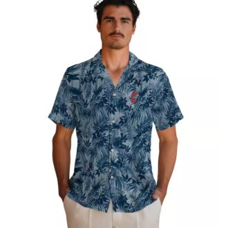Cleveland Guardians Tropical Leafy Pattern Hawaiian Shirt - Navy Blue MLB Fan Tee