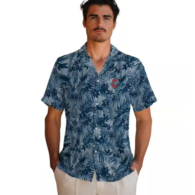 Cleveland Guardians Tropical Leafy Pattern Hawaiian Shirt - Navy Blue MLB Fan Tee