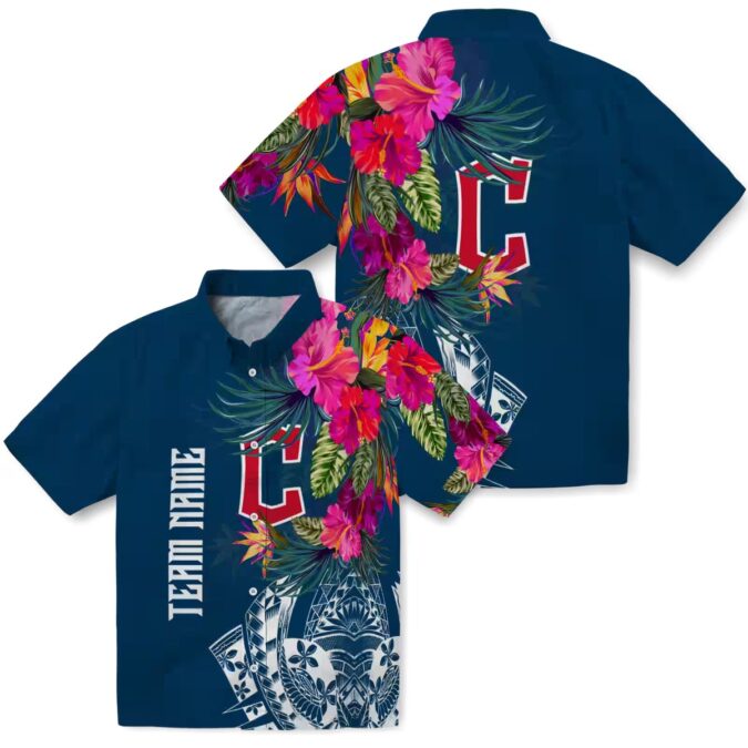 Men's Cleveland Guardians Polynesian Floral Hawaiian Shirt - Navy Blue MLB Beachwear