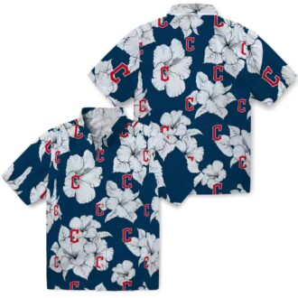 MLB Cleveland Guardians Hibiscus Floral Hawaiian Shirt - Navy Blue White Summer Shirt