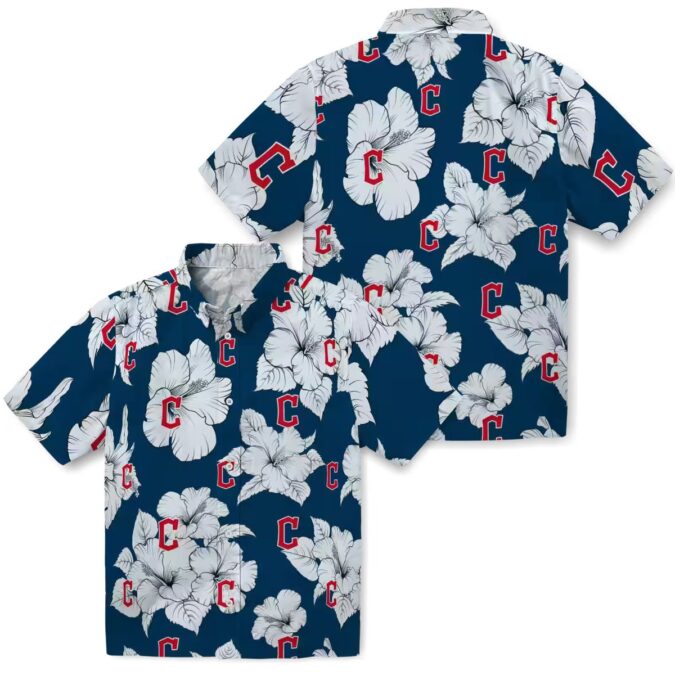 MLB Cleveland Guardians Hibiscus Floral Hawaiian Shirt - Navy Blue White Summer Shirt