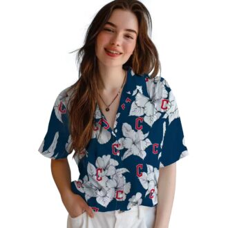 MLB Cleveland Guardians Hibiscus Floral Hawaiian Shirt - Navy Blue White Summer Shirt