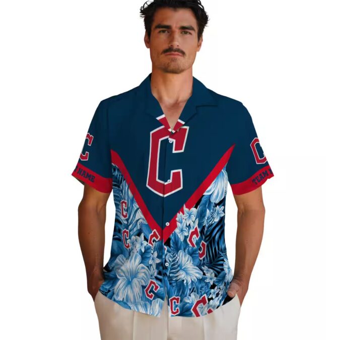 MLB Cleveland Guardians Navy Blue Chevron Floral Hawaiian Shirt for Fans