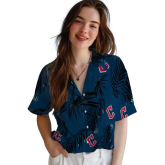 MLB Cleveland Guardians Palm Leaf Hawaiian Shirt - Navy Blue Tropical Beach Shirt