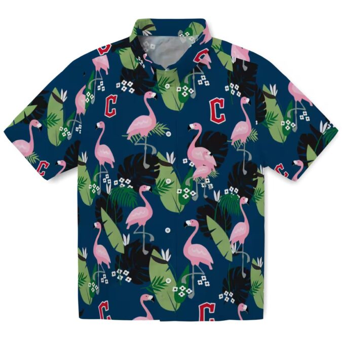 Navy Blue Cleveland Guardians Hawaiian Shirt - Flamingo Leaf Print MLB Baseball Fan Shirt