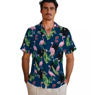 Navy Blue Cleveland Guardians Hawaiian Shirt - Flamingo Leaf Print MLB Baseball Fan Shirt