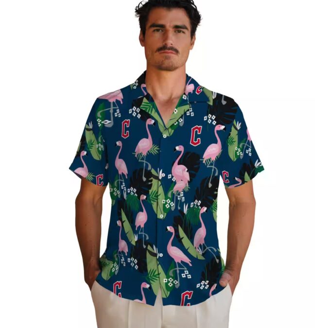 Navy Blue Cleveland Guardians Hawaiian Shirt - Flamingo Leaf Print MLB Baseball Fan Shirt