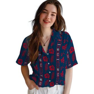 Official Cleveland Guardians Hawaiian Shirt - Navy Blue Framed Floral MLB Summer Beachwear