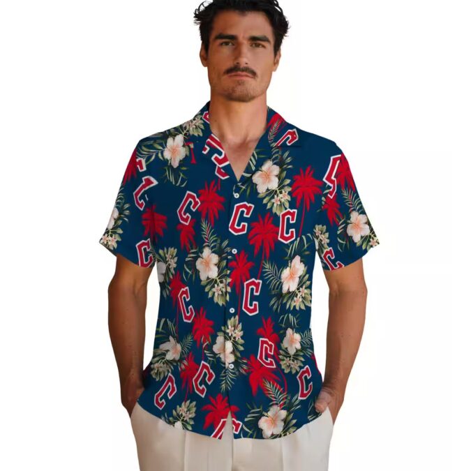 Official Cleveland Guardians Palm Tree Hawaiian Shirt - Floral Navy Blue MLB Shirt