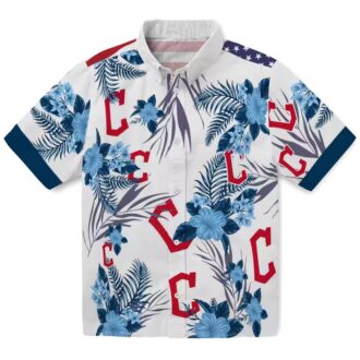 Official Cleveland Guardians Patriotic Hibiscus Hawaiian Shirt - Navy Blue White MLB Summer Shirt