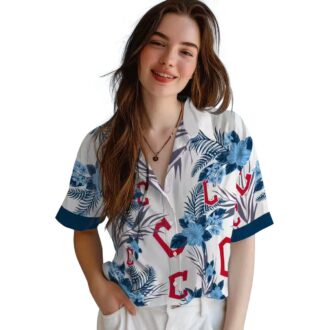 Official Cleveland Guardians Patriotic Hibiscus Hawaiian Shirt - Navy Blue White MLB Summer Shirt