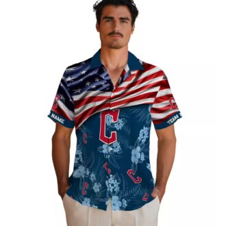 Tropical Cleveland Guardians Hawaiian Shirt with US Flag and Hibiscus - Customized MLB Apparel
