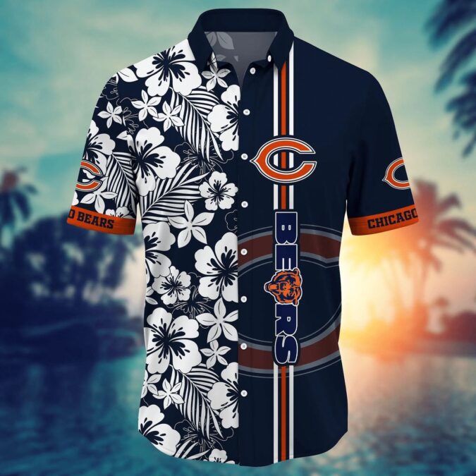 Chicago Bears Black and White Floral Stripe Aloha Shirt - Bold Tropical NFL Fan Shirt for Summer BBQ