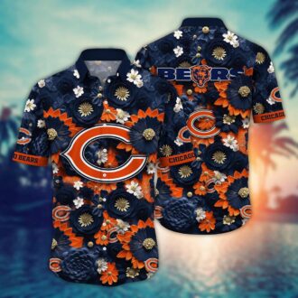 Chicago Bears Orange Navy 3D Floral Print Hawaiian Shirt - Graphic Bloom Fan Edition