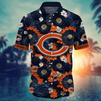 Chicago Bears Orange Navy 3D Floral Print Hawaiian Shirt - Graphic Bloom Fan Edition