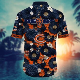 Chicago Bears Orange Navy 3D Floral Print Hawaiian Shirt - Graphic Bloom Fan Edition