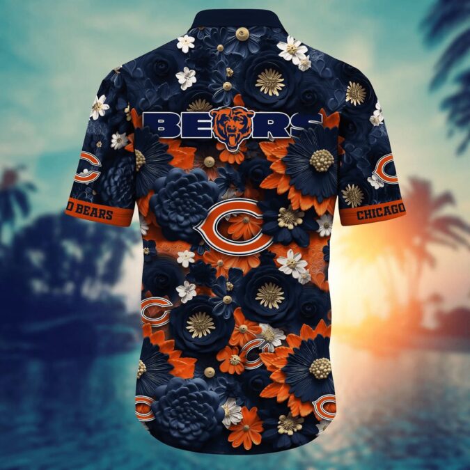 Chicago Bears Orange Navy 3D Floral Print Hawaiian Shirt - Graphic Bloom Fan Edition