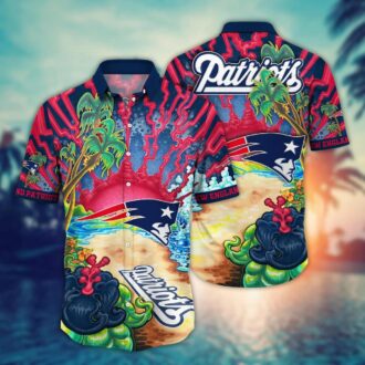 Colorful Patriots Beach Shirt with Palm Trees & Wave Art - NFL Game Day Outfit for Summer Fans USA