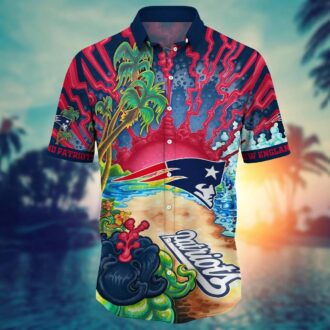 Colorful Patriots Beach Shirt with Palm Trees & Wave Art - NFL Game Day Outfit for Summer Fans USA