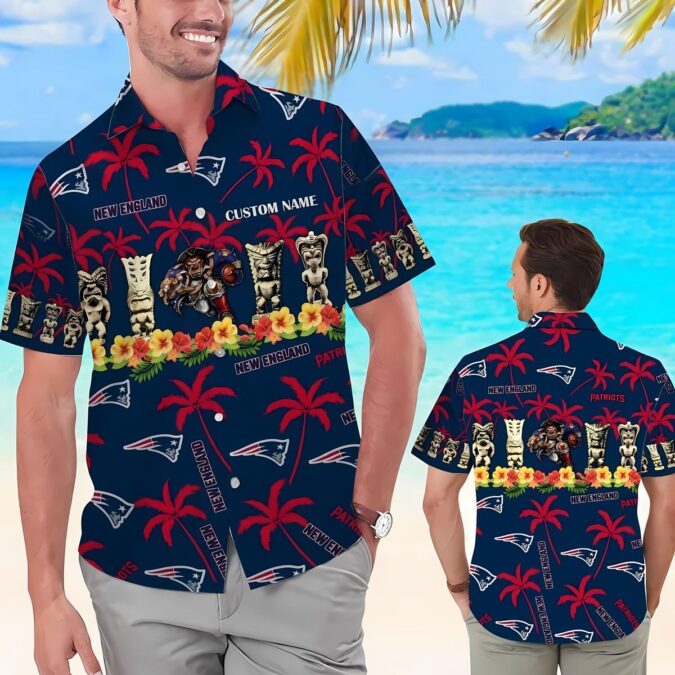 Custom New England Patriots Beach Shirt with Tiki and Tropical Flowers - NFL Apparel for Summer Tailgates