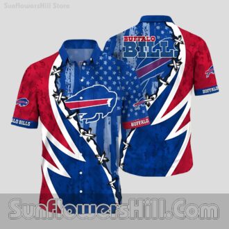 Buffalo Bills Red Blue Star Print Button Up Shirt for Summer Parties