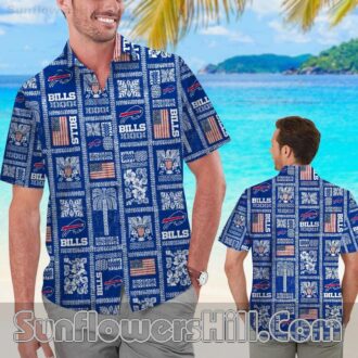 Buffalo Bills Blue Tropical Patchwork Camp Shirt with American Flag Design