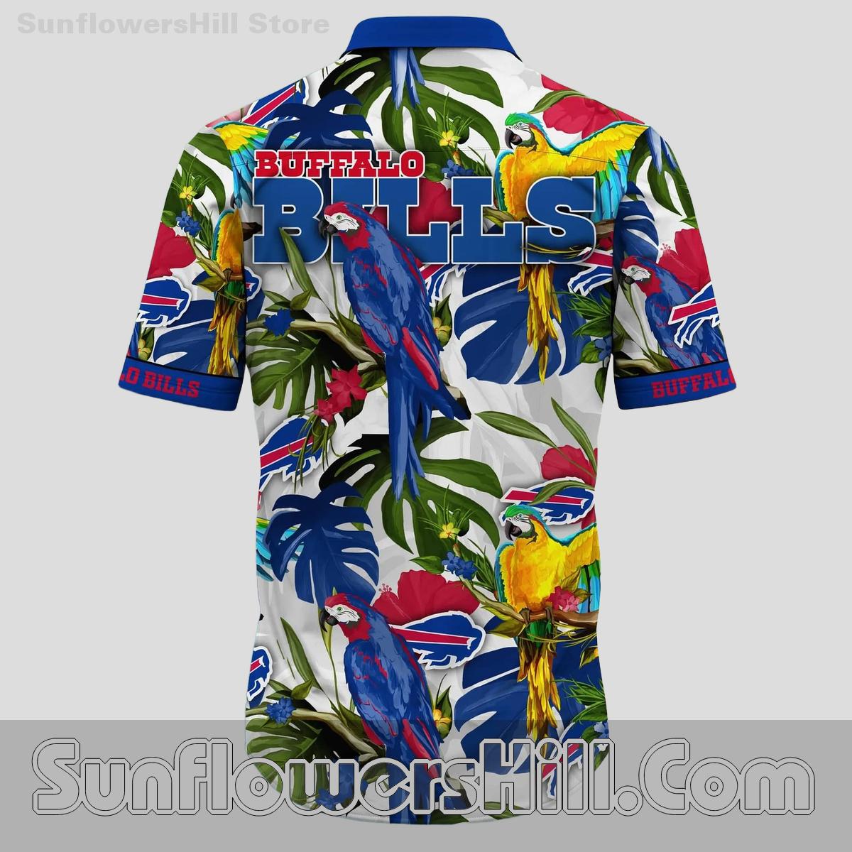 Buffalo Bills Parrot Print Macaw Tropical Button Up Shirt for Backyard BBQs and Fans