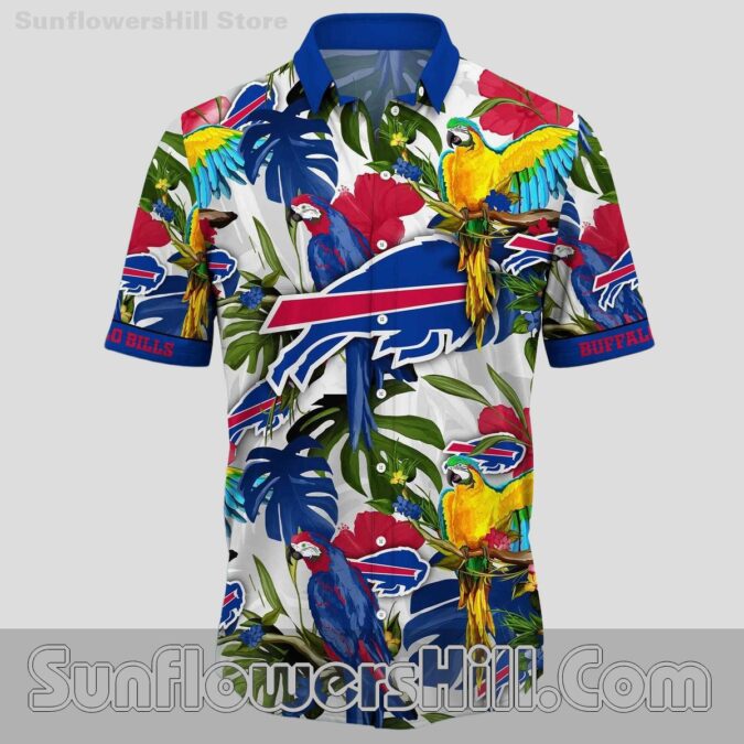 Buffalo Bills Parrot Print Macaw Tropical Button Up Shirt for Backyard BBQs and Fans