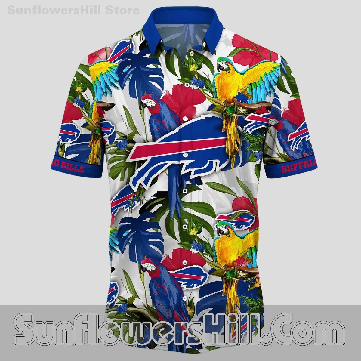 Buffalo Bills Parrot Print Macaw Tropical Button Up Shirt for Backyard BBQs and Fans