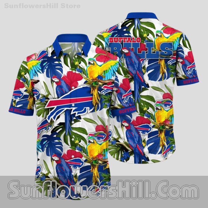 Buffalo Bills Parrot Print Macaw Tropical Button Up Shirt for Backyard BBQs and Fans