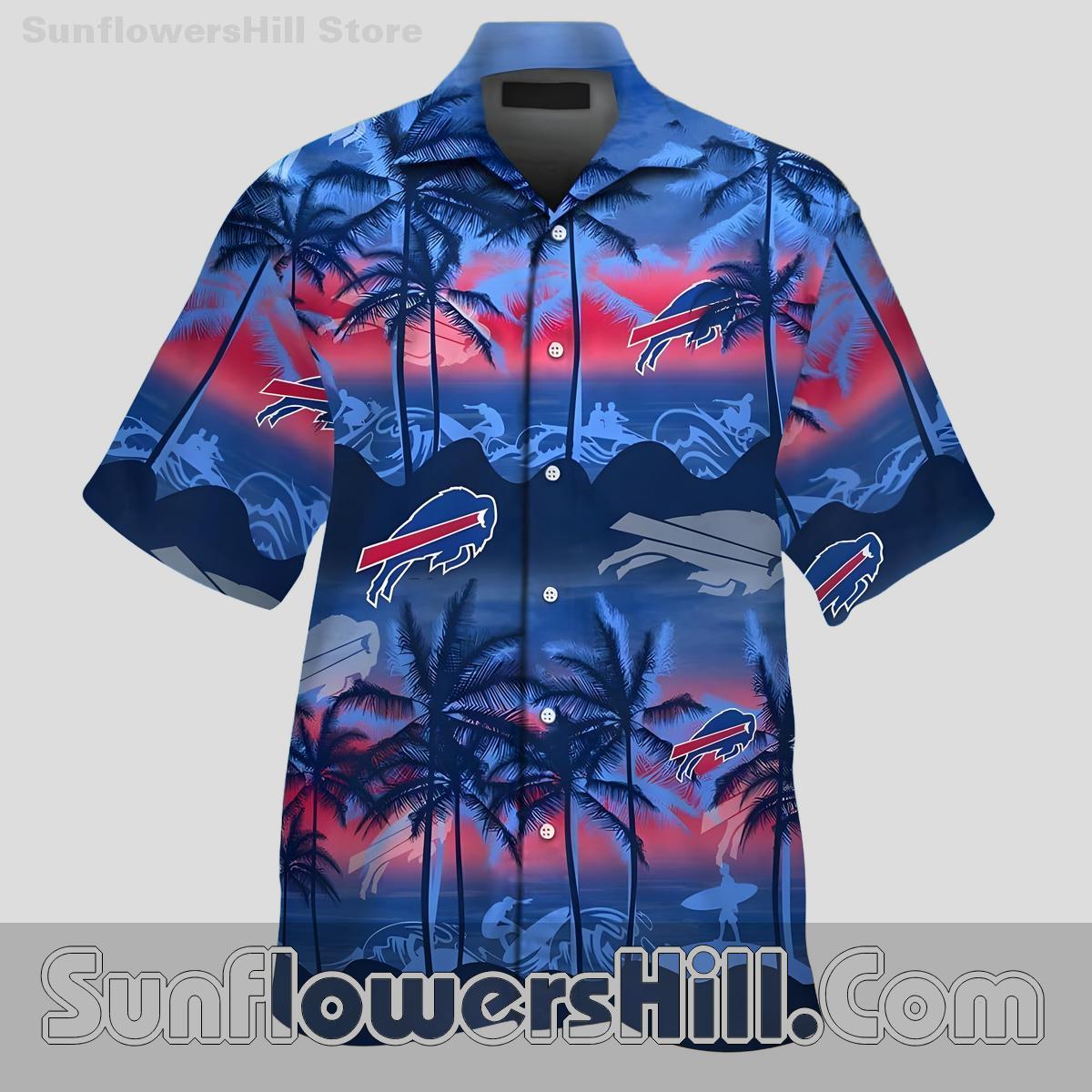 Buffalo Bills Sunset Palm Navy Wave Unisex Relaxed Shirt for Beach Trip Fans