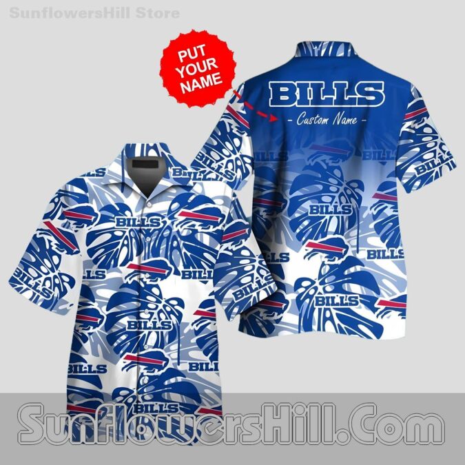 Buffalo Bills White Blue Palm Leaf Button Up Shirt for Beach Trip Crew
