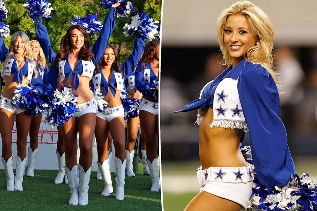 Dallas Cowboys Cheerleaders performing in classic blue and white uniforms with big smiles and pom poms