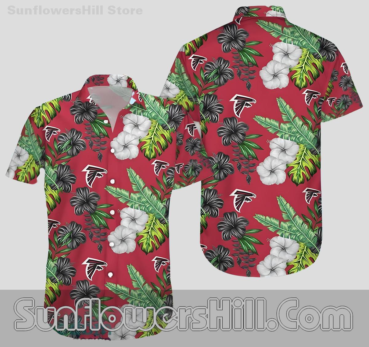 Atlanta Falcons Red Green Hibiscus Print Short Sleeve Shirt for Sports Lovers and Travelers