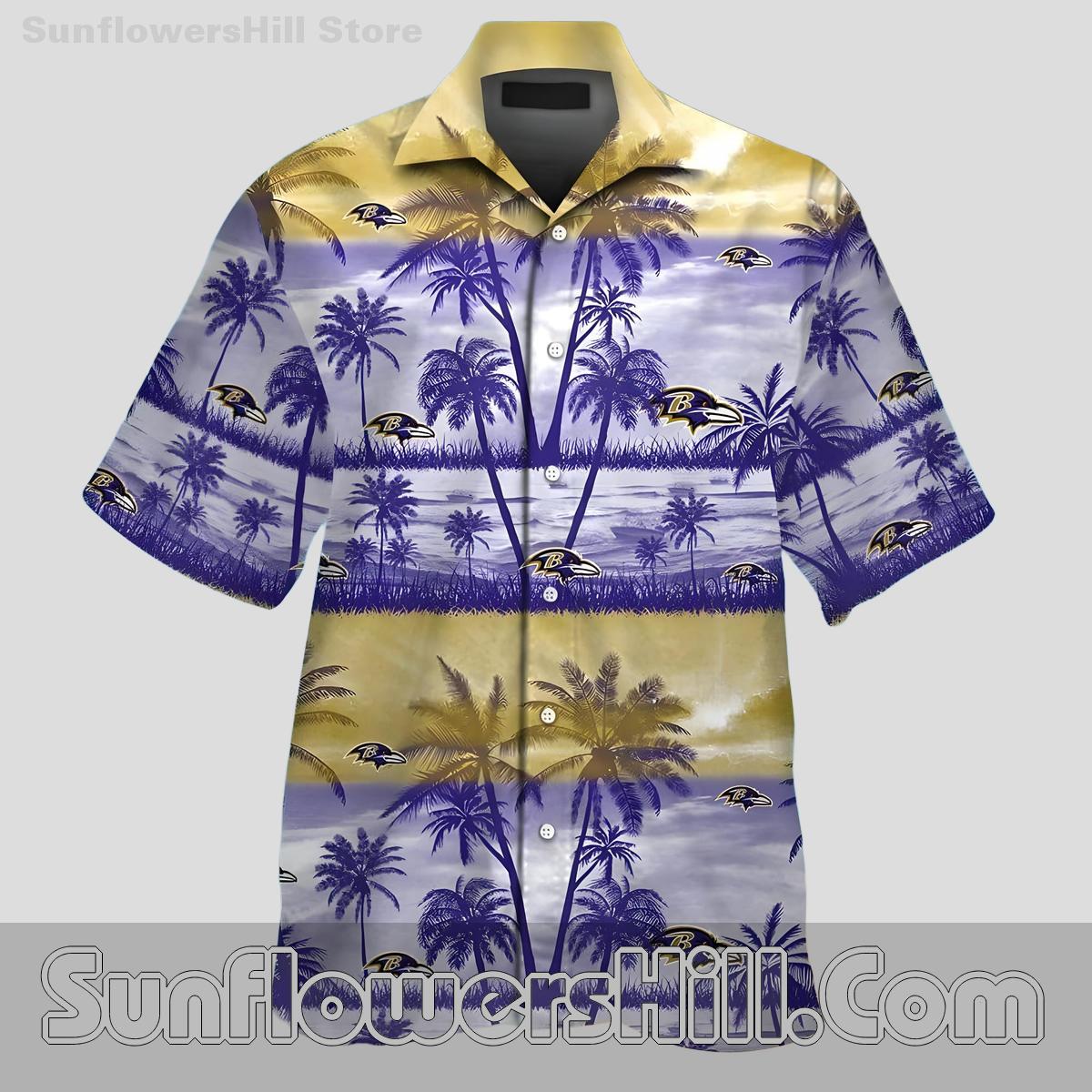 Baltimore Ravens Gold and Lavender Beach Shirt for Game Day or Summer Travel