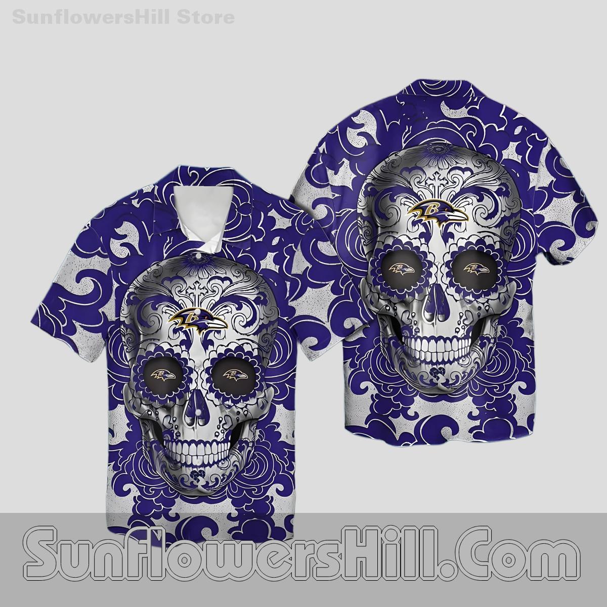Baltimore Ravens Purple Skull Button Up Shirt for Halloween Fans