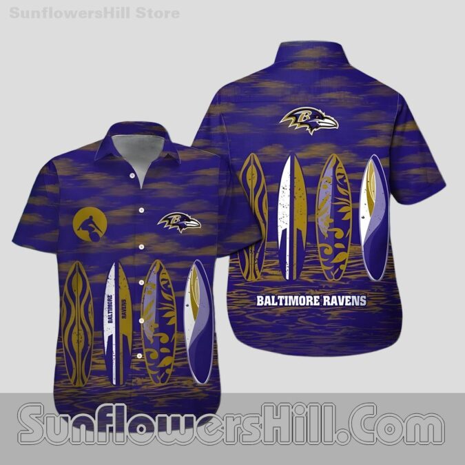 Baltimore Ravens Purple Surfboard Aloha Shirt for Casual Gameday Looks