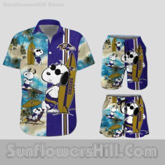 Baltimore Ravens Snoopy Beach Shirt and Matching Shorts Set for Weekend Vibes
